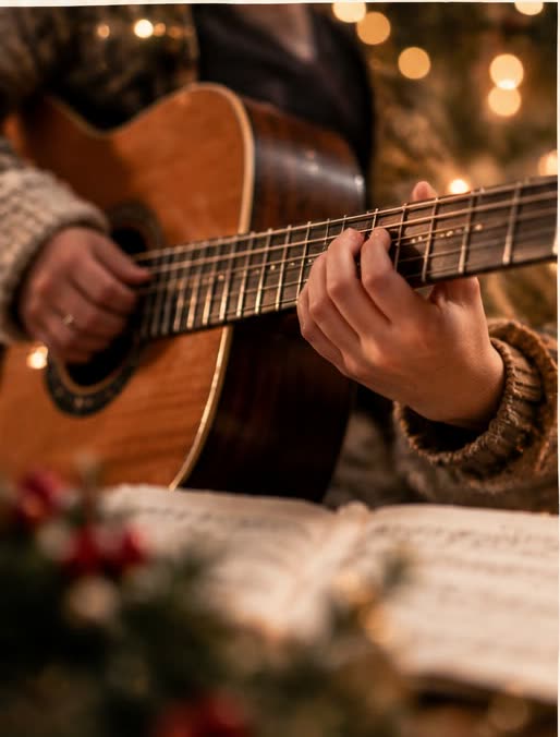 Mani che suonano la chitarra tra luci e decorazioni di Natale